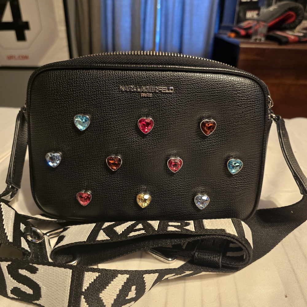 Karl Lagerfeld Black Crossbody Bag with Colorful Heart Accents